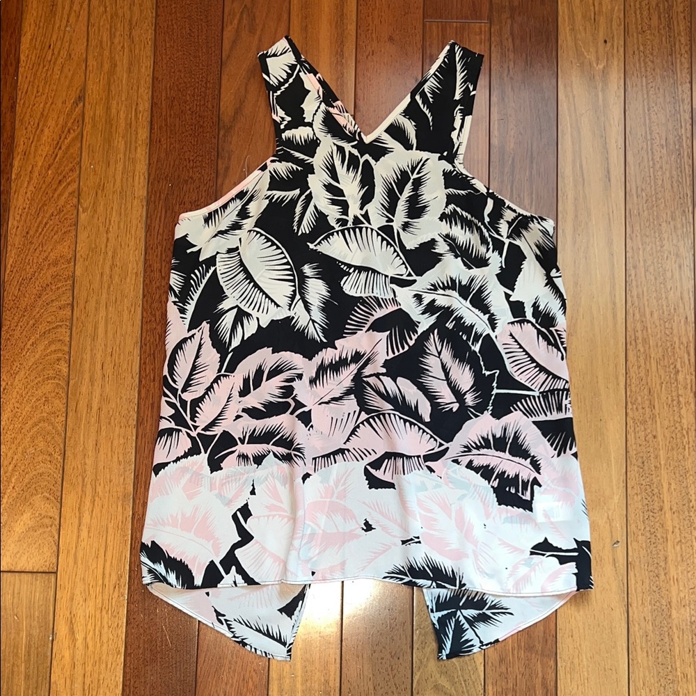 Express Black & Blush Leaf Print V-Neck split back Tank Top